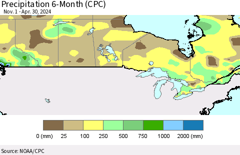 Canada Precipitation 6-Month (CPC) Thematic Map For 11/1/2023 - 4/30/2024