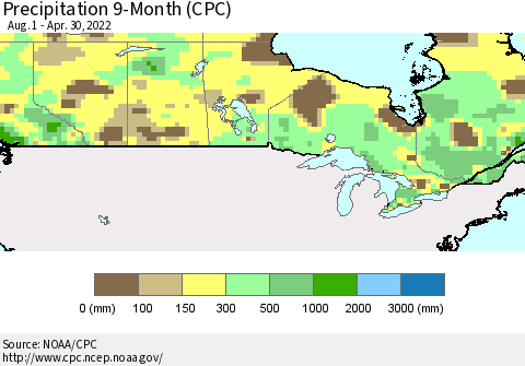 Canada Precipitation 9-Month (CPC) Thematic Map For 8/1/2021 - 4/30/2022
