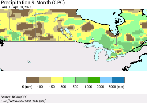 Canada Precipitation 9-Month (CPC) Thematic Map For 8/1/2022 - 4/30/2023