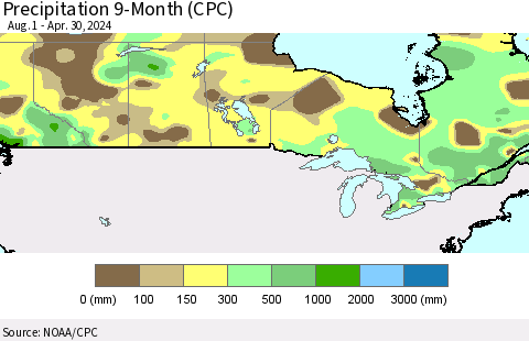 Canada Precipitation 9-Month (CPC) Thematic Map For 8/1/2023 - 4/30/2024