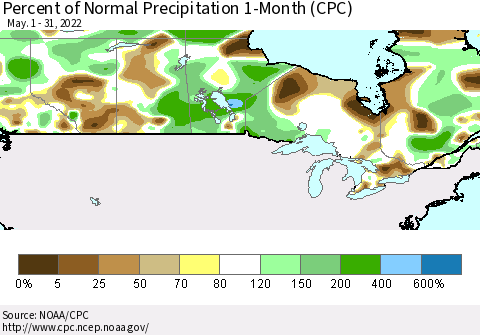 Canada Percent of Normal Precipitation 1-Month (CPC) Thematic Map For 5/1/2022 - 5/31/2022