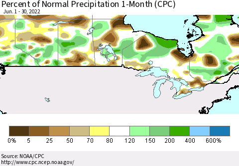 Canada Percent of Normal Precipitation 1-Month (CPC) Thematic Map For 6/1/2022 - 6/30/2022