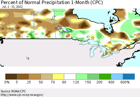 Canada Percent of Normal Precipitation 1-Month (CPC) Thematic Map For 7/1/2022 - 7/31/2022