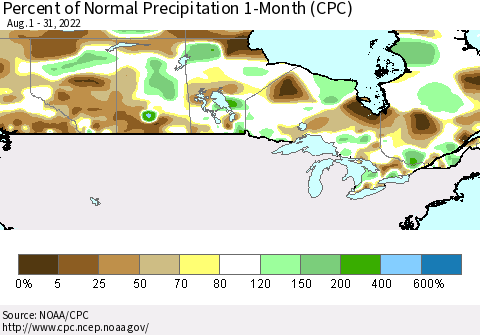 Canada Percent of Normal Precipitation 1-Month (CPC) Thematic Map For 8/1/2022 - 8/31/2022