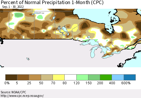 Canada Percent of Normal Precipitation 1-Month (CPC) Thematic Map For 9/1/2022 - 9/30/2022