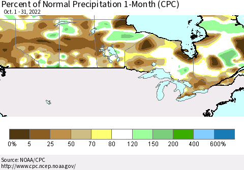 Canada Percent of Normal Precipitation 1-Month (CPC) Thematic Map For 10/1/2022 - 10/31/2022