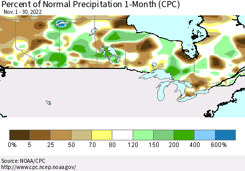 Canada Percent of Normal Precipitation 1-Month (CPC) Thematic Map For 11/1/2022 - 11/30/2022