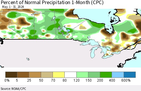 Canada Percent of Normal Precipitation 1-Month (CPC) Thematic Map For 5/1/2024 - 5/31/2024