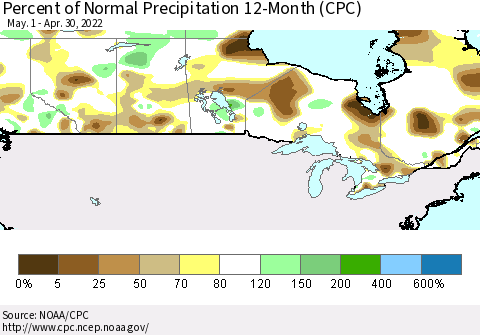 Canada Percent of Normal Precipitation 12-Month (CPC) Thematic Map For 5/1/2021 - 4/30/2022