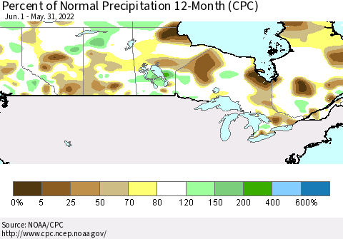 Canada Percent of Normal Precipitation 12-Month (CPC) Thematic Map For 6/1/2021 - 5/31/2022