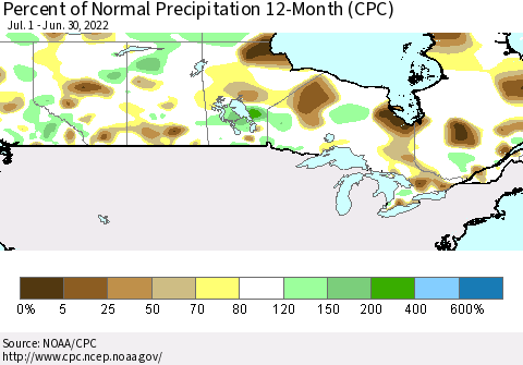 Canada Percent of Normal Precipitation 12-Month (CPC) Thematic Map For 7/1/2021 - 6/30/2022