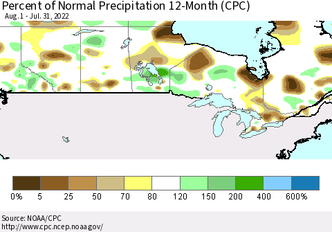 Canada Percent of Normal Precipitation 12-Month (CPC) Thematic Map For 8/1/2021 - 7/31/2022