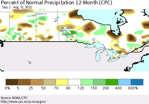 Canada Percent of Normal Precipitation 12-Month (CPC) Thematic Map For 9/1/2021 - 8/31/2022