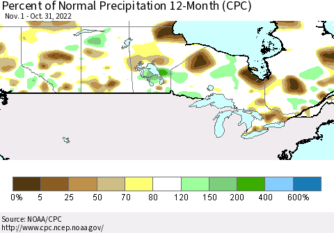 Canada Percent of Normal Precipitation 12-Month (CPC) Thematic Map For 11/1/2021 - 10/31/2022