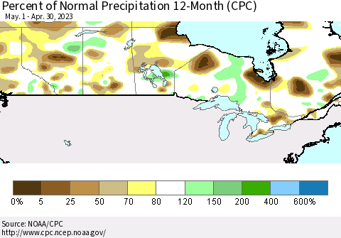 Canada Percent of Normal Precipitation 12-Month (CPC) Thematic Map For 5/1/2022 - 4/30/2023