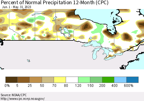 Canada Percent of Normal Precipitation 12-Month (CPC) Thematic Map For 6/1/2022 - 5/31/2023