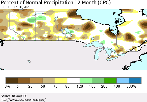 Canada Percent of Normal Precipitation 12-Month (CPC) Thematic Map For 7/1/2022 - 6/30/2023