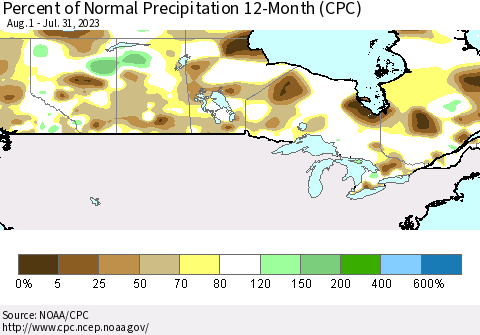 Canada Percent of Normal Precipitation 12-Month (CPC) Thematic Map For 8/1/2022 - 7/31/2023