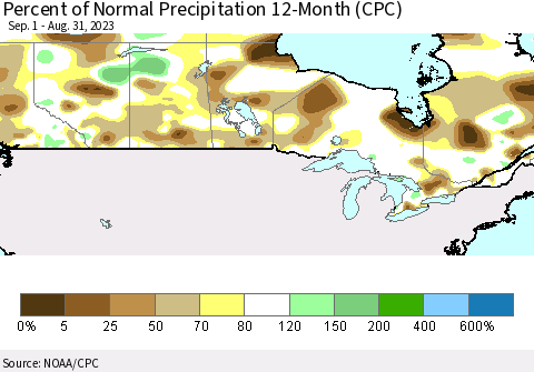 Canada Percent of Normal Precipitation 12-Month (CPC) Thematic Map For 9/1/2022 - 8/31/2023