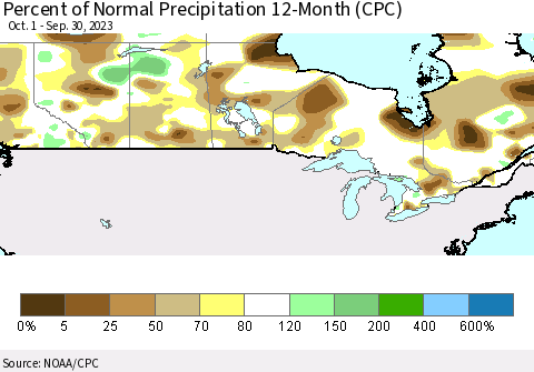Canada Percent of Normal Precipitation 12-Month (CPC) Thematic Map For 10/1/2022 - 9/30/2023