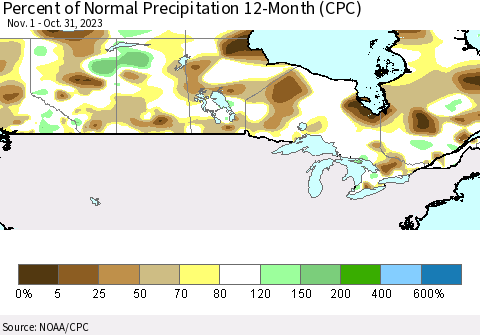 Canada Percent of Normal Precipitation 12-Month (CPC) Thematic Map For 11/1/2022 - 10/31/2023