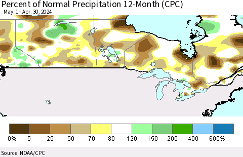 Canada Percent of Normal Precipitation 12-Month (CPC) Thematic Map For 5/1/2023 - 4/30/2024