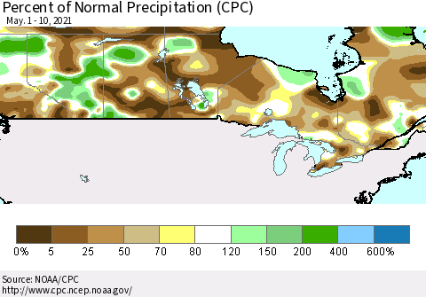 Canada Percent of Normal Precipitation (CPC) Thematic Map For 5/1/2021 - 5/10/2021