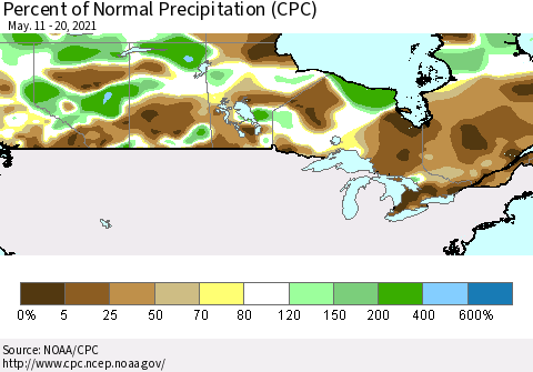 Canada Percent of Normal Precipitation (CPC) Thematic Map For 5/11/2021 - 5/20/2021