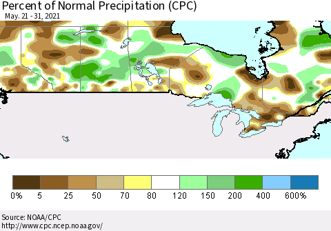 Canada Percent of Normal Precipitation (CPC) Thematic Map For 5/21/2021 - 5/31/2021