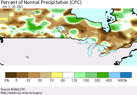 Canada Percent of Normal Precipitation (CPC) Thematic Map For 6/1/2021 - 6/10/2021