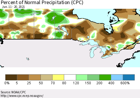Canada Percent of Normal Precipitation (CPC) Thematic Map For 6/11/2021 - 6/20/2021
