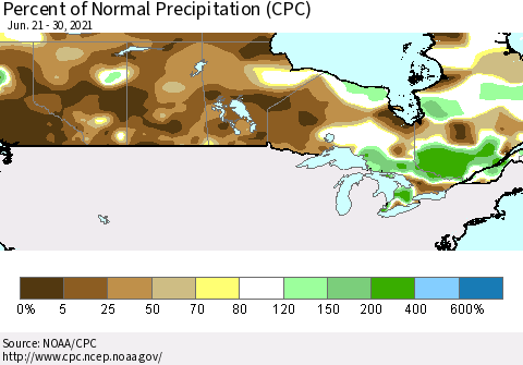 Canada Percent of Normal Precipitation (CPC) Thematic Map For 6/21/2021 - 6/30/2021