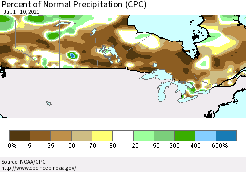 Canada Percent of Normal Precipitation (CPC) Thematic Map For 7/1/2021 - 7/10/2021