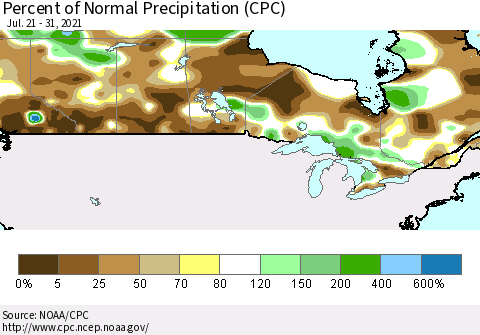 Canada Percent of Normal Precipitation (CPC) Thematic Map For 7/21/2021 - 7/31/2021