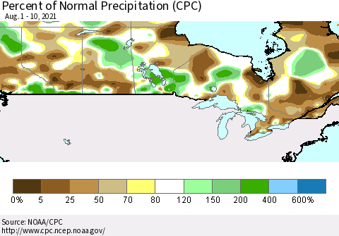 Canada Percent of Normal Precipitation (CPC) Thematic Map For 8/1/2021 - 8/10/2021