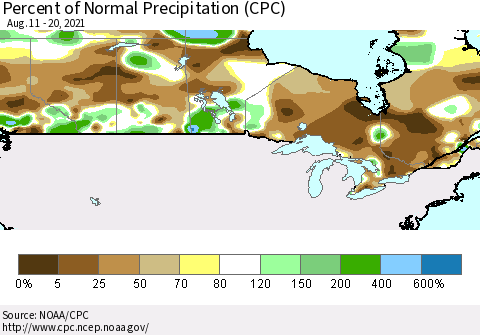 Canada Percent of Normal Precipitation (CPC) Thematic Map For 8/11/2021 - 8/20/2021