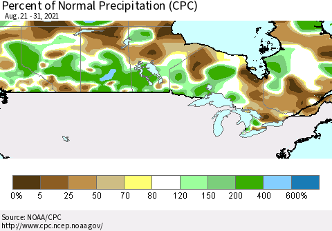Canada Percent of Normal Precipitation (CPC) Thematic Map For 8/21/2021 - 8/31/2021