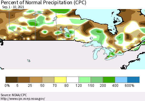 Canada Percent of Normal Precipitation (CPC) Thematic Map For 9/1/2021 - 9/10/2021
