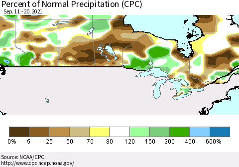 Canada Percent of Normal Precipitation (CPC) Thematic Map For 9/11/2021 - 9/20/2021