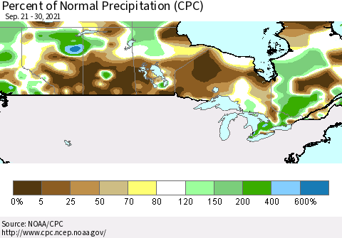 Canada Percent of Normal Precipitation (CPC) Thematic Map For 9/21/2021 - 9/30/2021