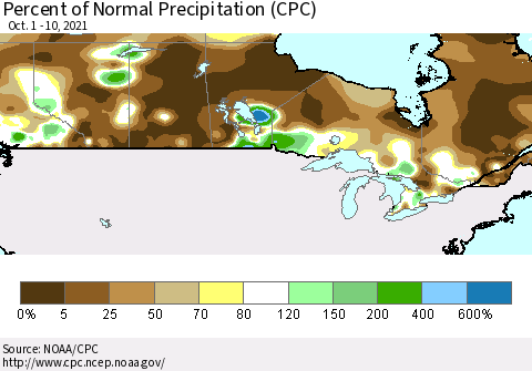 Canada Percent of Normal Precipitation (CPC) Thematic Map For 10/1/2021 - 10/10/2021