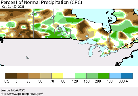 Canada Percent of Normal Precipitation (CPC) Thematic Map For 10/11/2021 - 10/20/2021