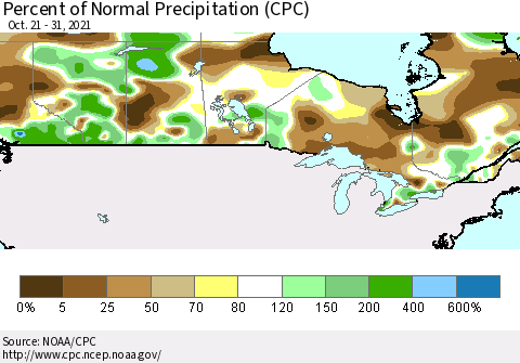 Canada Percent of Normal Precipitation (CPC) Thematic Map For 10/21/2021 - 10/31/2021