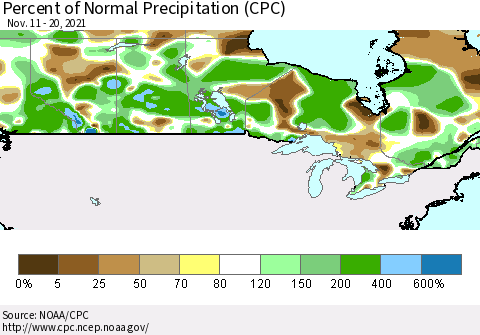 Canada Percent of Normal Precipitation (CPC) Thematic Map For 11/11/2021 - 11/20/2021