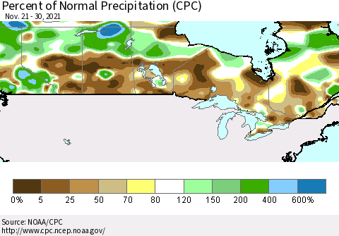 Canada Percent of Normal Precipitation (CPC) Thematic Map For 11/21/2021 - 11/30/2021