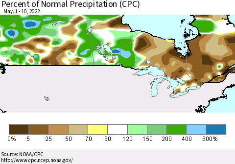 Canada Percent of Normal Precipitation (CPC) Thematic Map For 5/1/2022 - 5/10/2022