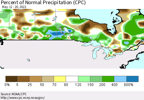 Canada Percent of Normal Precipitation (CPC) Thematic Map For 5/11/2022 - 5/20/2022