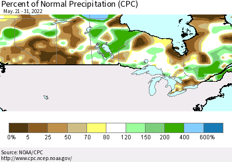 Canada Percent of Normal Precipitation (CPC) Thematic Map For 5/21/2022 - 5/31/2022