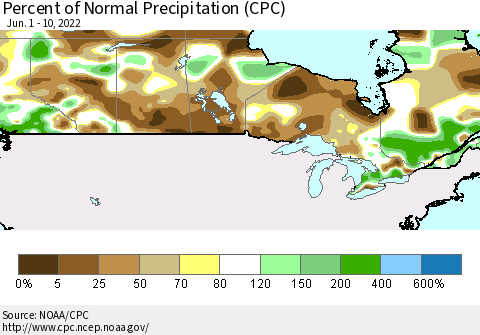 Canada Percent of Normal Precipitation (CPC) Thematic Map For 6/1/2022 - 6/10/2022