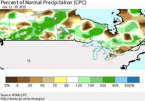 Canada Percent of Normal Precipitation (CPC) Thematic Map For 6/11/2022 - 6/20/2022